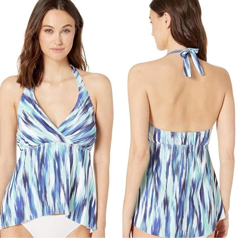 24th & Ocean Women's Blue White Abstract Faux Wrap Top Halter Tankini Top Small